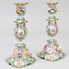 Pair of English Porcelain Flower Encrusted Green Ground Candlesticks