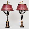 Pair of Empire Style Ormolu and Patinated Bronze Three-Light Lamps