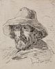 Ink wash drawing, portrait of a man in a hat