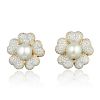A Pair of Cultured Pearl and Diamond Flower Earclips