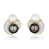 A Pair of Cultured Pearl and Diamond Earclips