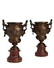 Pair French Egyptian Revival bronze & marble urns