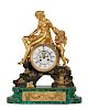 French bronze and malachite figural mantel clock