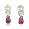 A Pair of Cultured Pearl Diamond and Rubellite Drop Earrings
