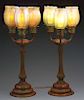 Tiffany Studios Newel Post Table Lamps with Tulip Shades.