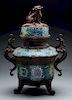 Large Chinese Cloisonne & Bronze Covered Censer. 