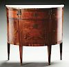 Louis XVI Style Marquetry Demilune Commode with Marble Top.