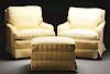 Lot of 3: 2 Upholstered Club Chairs and an Ottoman.
