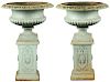 Monumental Victorian Pair of Cast Iron Campagna Form Urns on Tall Pedestals.