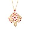 RUBY, SEED PEARL & YELLOW GOLD PENDANT NECKLACE