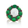 MARIE ZIMMERMANN BAROQUE PEARL, EMERALD & PINK SAPPHIRE YELLOW GOLD RING 