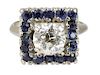 1 Ct Diamond and Sapphire 14Kt White Gold Ring