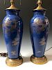 A PAIR OF CHINESE ANTIQUE BLUE GLAZED VASES LAMPS
