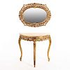 Mesa consola con espejo. Siglo XX. Estilo Luis XV. En talla de madera dorada. Espejo con luna oval y consola con cubierta semicircular.