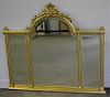 Giltwood 3 Panel Beveled Over Mantle Mirror.