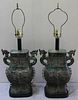Pair of Asian Bronze Urns Mounted As Lamps.