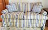 Yellow and Blue Stripe Upholstered Settee