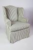 Green and White Striped Slip-Covered Wing Chair
