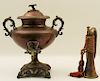 2 PC. MISC. LOT;  COPPER SAMOVAR AND FRENCH HORN