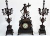 3 PIECE FRENCH PATINATED METAL MARBLE CLOCK SET