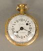 French Gudin open face gold plated pocket watch, having white enameled dial with Roman numerals and outer numbers, pierced balance c...