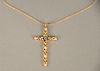 14 karat gold cross and chain, set with one blue stone and six small pearls. ht. 1 3/4 in., 3.8 grams total weight