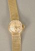 Omega 14 karat gold ladies wristwatch with 14 karat gold mesh bracelet. lg. 6 1/4 in., 25.5 grams total weight