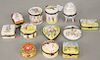 Group of twelve porcelain trinket boxes, 12 days of Christmas, all marked Peint Main Limoges France with painted scenes. tallest ht....