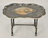 Papier mache tray with hand painted scene Brayton Manor, seat of Sir R Peel on stand (small holes). top: 24 1/4" x 31" Provenance: F...