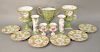 Thirteen Chelsea House porcelain pieces plus set of six plates (ht. 11 3/4 in.), pair of small urns (ht. 5 3/4 in.), and large gilt ...