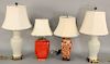 Four ceramic table lamps including two red and two celadon crackle glazed. Provenance: From the Estate of Deborah G. Black of Greenw...