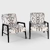 Pair of Ebonized Wood and Ikat Fabric Upholstered Arm Chairs