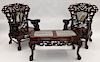 PR Chinese Carved Hardwood Marble Chairs & Table