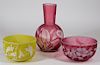3 Victorian Enameled Satin Glass Vase Bowl Group