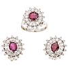 A ruby and diamond palladium silver ring and pair of earrings set.