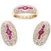 A ruby and diamond 14K yellow gold ring and pair of earrings set.