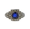 Art Deco Platinum Diamond Blue Stone Ring