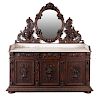 Tocador. Francia. Siglo XX. En talla de madera de roble. Con cubierta rectangular de mármol blanco jaspeado, espejo oval.