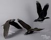 Three carved and painted flying crow decoys