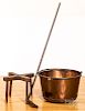 Copper apple butter kettle with wooden stand, etc