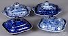 Four blue Staffordshire covered vegetable dishes