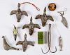 Four figural flying duck decoy weights, etc.