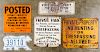 Group of tin hunting signs, etc.