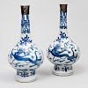 Pair of Chinese Silver-Mounted Blue and White Porcelain 'Mythical Beast' Bottle Vases