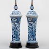 Pair of Dutch Delft Octagonal Beaker Vases and Covers Mounted as Lamps