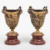 Pair of Napoleon III Gilt-Bronze Urns on Marble Socles