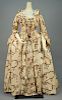 PRINTED COTTON SACQUE BACK GOWN and MITTS, FRENCH, 1750 - 1775.