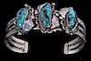Navajo Signed Silver Floral Kingman Turquoise Cuff