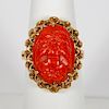Yellow Gold & Dark Red Coral Floral Motif Ring