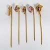 Five Assorted Yellow Gold Stick Pins